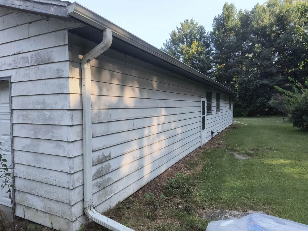 Old white lap siding stained with gray-green mildew along a low building with an attached garage door